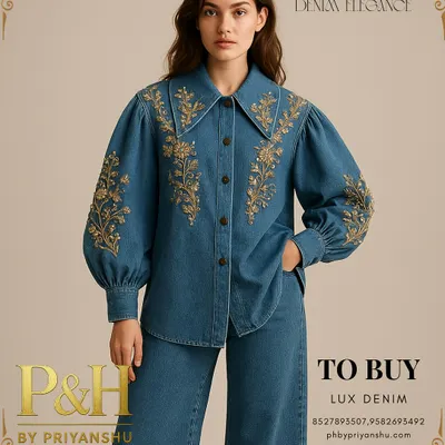 An azure blue oversized denim shirt with voluminous sleeves and delicate gold floral embroidery, paired with matching wide-leg jeans for an elevated, artistic take on casual couture.