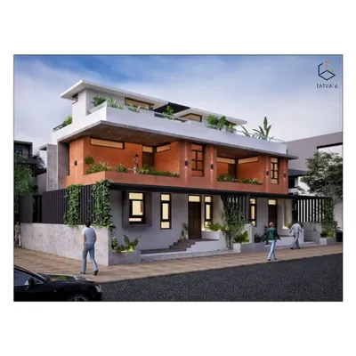 We present a 3D visualization of our residential row house project in Ahmednagar. This design showcases our signature blend of contemporary architecture with sustainable elements, featuring a prominent rooftop garden, integrated planters, and a facade that balances modern grey tones with warm, earthy terracotta.