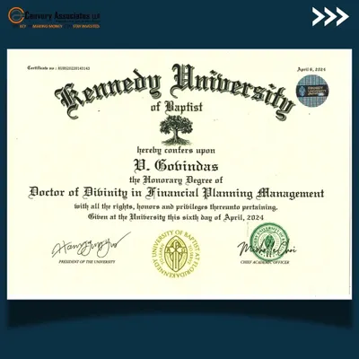 The official conferral of the Honorary Degree of Doctor of Divinity in Financial Planning Management from Kennedy University. This is a milestone I am proud to share with you.