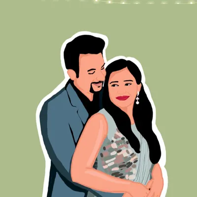 This custom couple portrait captures a warm embrace, with added string lights for a touch of magic. It's a popular choice for clients looking for a romantic and personalized anniversary gift.