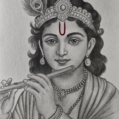 A serene portrait of an adolescent Lord Krishna playing his flute. This is a complete black and white pencil sketch, where I used careful shading to create a calm and meditative mood, focusing on his gentle expression and the details of his crown.