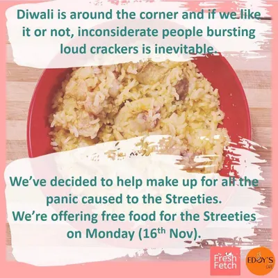 An announcement for our free food drive during Diwali. We know fireworks cause a lot of panic for street dogs, so we offered free meals to help soothe their anxiety. Keep an eye out for our future community support initiatives.