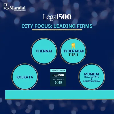 We are pleased to be ranked by Legal500 Asia Pacific 2025, with our Hyderabad office achieving a Tier 1 status. This graphic highlights our strong regional presence and excellence in key legal markets, including Chennai, Kolkata, and Mumbai.