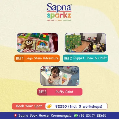 Our 3-day summer workshops are packed with variety! This graphic shows the schedule, featuring a LEGO Stem Adventure, a Puppet Show & Craft session, and a Puffy Paint day, offering a well-rounded creative experience for kids aged 3 and up.