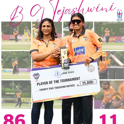 B G Tejashwini, the Player of the Series at the KSCA Maharani Trophy 2025. Her all-round clutch performances, with 86 runs and 11 wickets, prove she is ready for the big leagues.