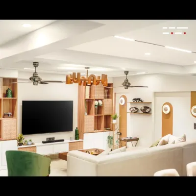 A wider angle of the Jaipur living room, showing the seamless integration of the entertainment unit and shelving. The design prioritizes both aesthetics and smart storage, keeping the space uncluttered and serene.