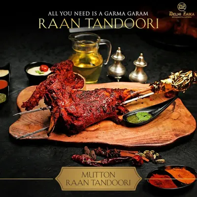 There is nothing quite like a perfectly cooked Mutton Raan Tandoori. Marinated for hours in my special blend of spices and cooked over live charcoal until it's tender and smoky, this is the dish that becomes the centerpiece of any mehfil. It is served hot and ready to be devoured.