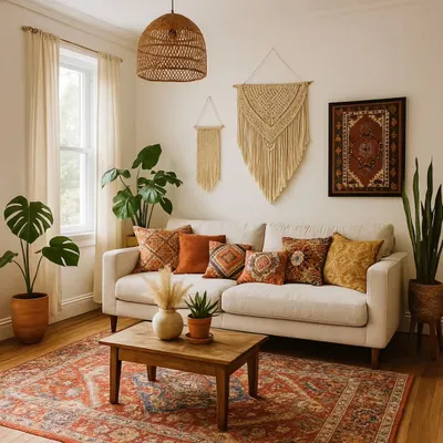 This living room is the heart of boho charm, filled with earthy hues, textured textiles like macrame wall hangings, a plush Persian-style rug, and an abundance of green plants.