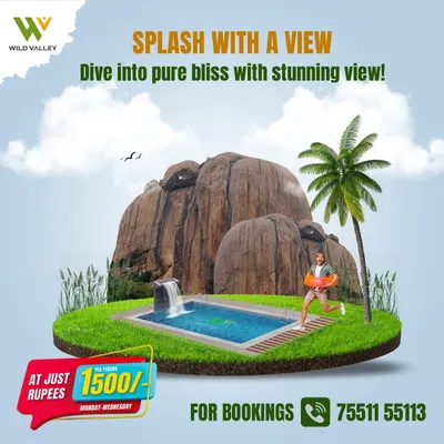 Splash with a view. Our pool at Mountain Bear, Ramanagara, offers a refreshing dip with the stunning backdrop of the iconic Sholay hills.