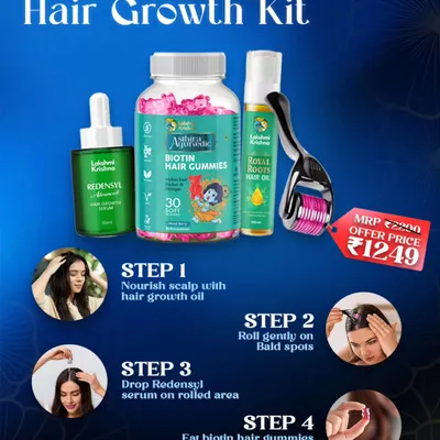 This graphic clearly lays out the four simple steps of our Advanced Hair Growth Kit. It includes nourishing with our hair oil, activating the scalp with the derma roller, applying the Redensyl serum to bald spots, and taking our biotin gummies for internal support.