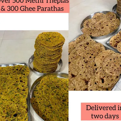 A big order of over 500 Methi Theplas and 300 Ghee Parathas, all delivered in just two days. These are perfect for travel or for stocking up at home.