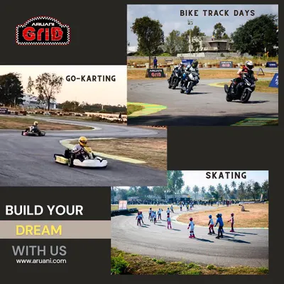 A collage that sums up what we do: go-karting, bike track days, and skating. This is your place to build your dream, whatever your passion is.