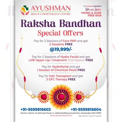 Celebrate Raksha Bandhan with my special offers. This is a great opportunity to gift your sister young and acne-free skin with deals on Face PRP, Hydra Facials, and more.