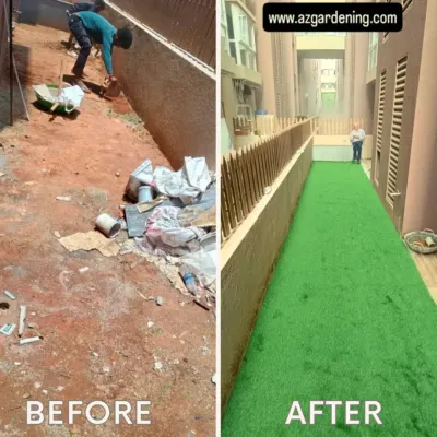 This project involved clearing a side yard filled with construction waste and dirt. I then installed a full-length artificial lawn, creating a clean and safe passage that requires no upkeep.
