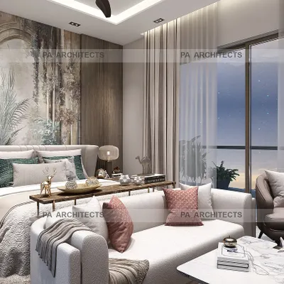 For this master bedroom, we designed a luxurious and serene retreat. The design features a statement art piece behind the bed, a comfortable seating area, and soft, layered lighting to create a warm and inviting atmosphere.