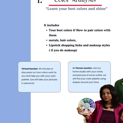 This is my foundational Color Analysis service. In this session, we'll find your best colors, how to pair them, and your ideal shades for metals, hair color, and makeup. Available both virtually and in-person at my Bengaluru studio.