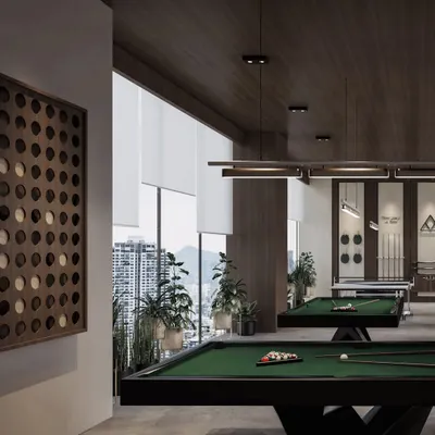 A professional visualization of an indoor games room, featuring sleek pool tables and modern decor. The render captures the sophisticated yet relaxed atmosphere of the space.