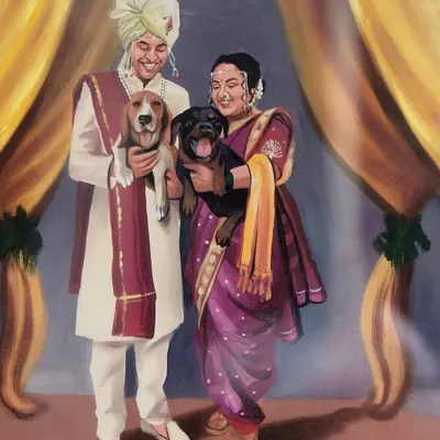 A close-up of a truly special wedding portrait. The couple wanted to include their two beloved dogs, who had passed away, in their wedding picture. This memorial painting made their special day feel complete.