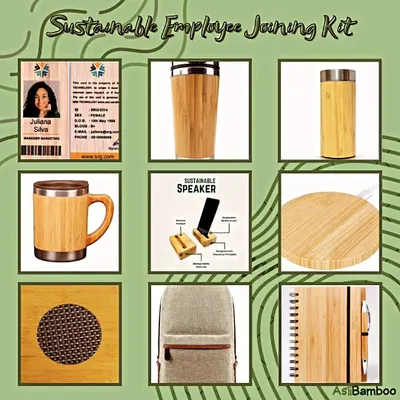 We design comprehensive and customizable sustainable employee kits. This graphic shows a complete set, including a bamboo ID card, mug, flask, wireless charger, speaker, notebook, and a durable backpack, all of which can be branded with your company logo.