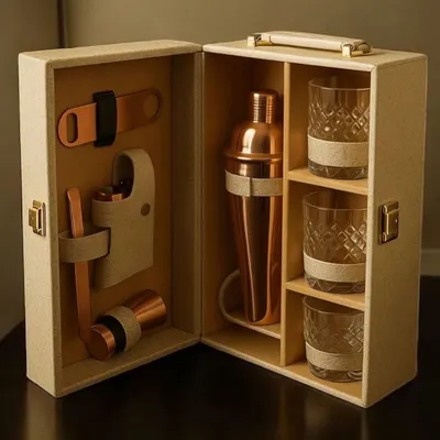 For a truly impressive gesture, I offer exclusive executive gifts like this Johnnie Walker Collector’s Bar Kit, featuring a copper shaker, elegant glasses, and essential bar tools in a portable case.