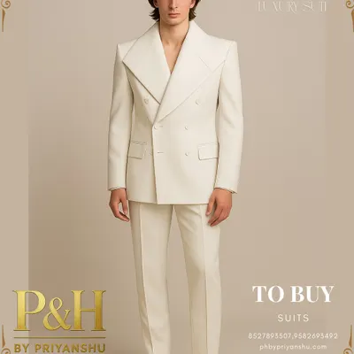 The epitome of timeless elegance. This is a bespoke, double-breasted suit in a pristine white, featuring wide, vintage-inspired lapels. Crafted from imported Italian fabric, it offers a look of pure, confident sophistication.