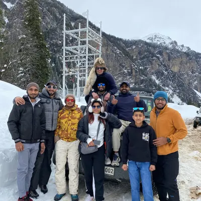 The team at Hampta Pass. We mix our fitness training with serious adventure, taking the group on challenging snow treks to experience the best of the Himalayas.