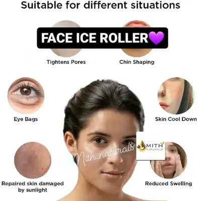 An infographic explaining the different uses of my Face Ice Roller. It can help tighten pores, reduce eye bags, calm the skin, and even help with chin shaping.