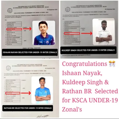 Official KSCA selection announcements for our players Ishaan Nayak, Kuldeep Singh, and Rathan BR, who were chosen for the Under-19 Inter-Zonals. This is the recognition that hard work brings.