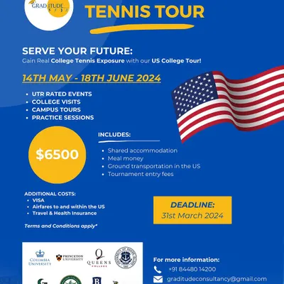 Serve your future with our US College Tennis Tour. This flyer provides all the details for our upcoming tour, which includes UTR rated events, campus visits, and practice sessions with college teams.