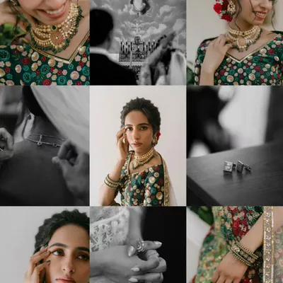 A beautiful mosaic of bridal details. This collage includes close-ups of her jewelry, makeup, henna, and moments from the ceremony, creating a rich tapestry of her wedding day story.