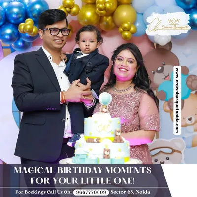 We create magical birthday moments for your little one. This family portrait captures the happiness of a first birthday, complete with a custom-themed cake and a backdrop of festive blue and gold balloons.