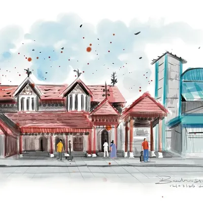 A colorful digital sketch of the historic Bandra station, a beautiful piece of heritage architecture. I wanted to capture the feeling of the place on a busy afternoon, with people coming and going under a bright sky.