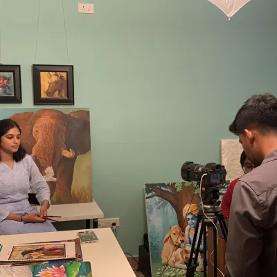 A behind-the-scenes shot of a student profile being filmed in our Malleshwaram studio, surrounded by inspiring artwork.
