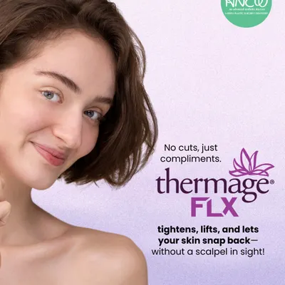 No cuts, just compliments. Thermage FLX is our premier non-invasive skin tightening treatment that uses radiofrequency energy to let your skin snap back. It smooths, lifts, and contours without a scalpel in sight.