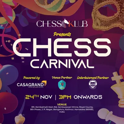 The official announcement for our Chess Carnival 2024, a grand celebration of chess with simul matches, games, and entertainment for all.