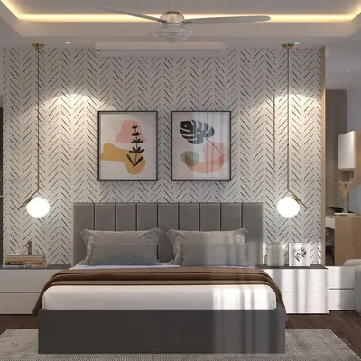 A 3D design concept for a master bedroom in Thane. The room balances textures with a herringbone pattern wall, a soft upholstered headboard, and smooth white bedside tables, all brought together by warm, hanging pendant lights.