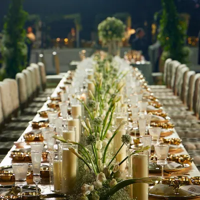 A breathtaking long table arrangement for a formal seated dinner. The meticulous placement of candles, floral runners, and premium dinnerware creates an atmosphere of pure elegance and sophistication for high-level corporate functions.