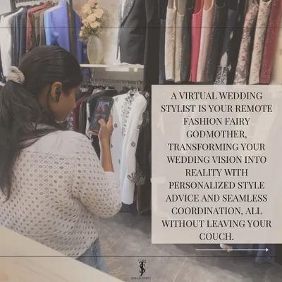 A virtual wedding stylist is your remote fashion fairy godmother. I transform your wedding vision into reality with personalized advice and seamless coordination, all without you leaving your couch.