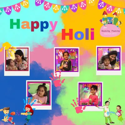 A colorful collage of happy faces from our Holi celebration. It's a joy to see kids and parents making memories together in a safe and festive environment.