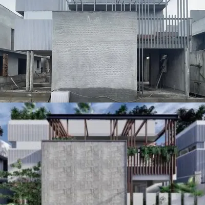 A comparison between the 3D render and the actual construction of 'Udyana' in Coimbatore. This shows how the design vision is faithfully translated into built form.