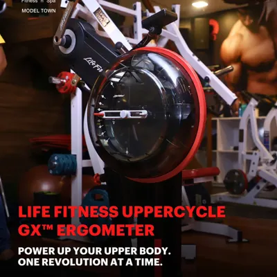 The Life Fitness UpperCycle GX Ergometer. This machine is designed for powerful upper body cardio and strength training, targeting the arms, shoulders, and core with a low impact, high intensity workout.