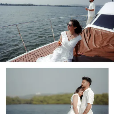 A diptych from a Goa pre-wedding shoot, showing a woman relaxing on a yacht and a couple sharing a tender embrace by the water.
