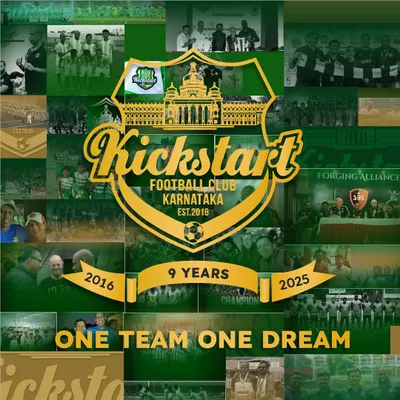 A collage celebrating nine years of Kickstart FC, from our founding in 2016 to 2025, showcasing the journey and the people who built this club.
