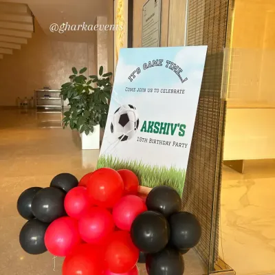 A personalized welcome sign for Akshiv's 10th birthday, setting the stage for a fun football-themed party.
