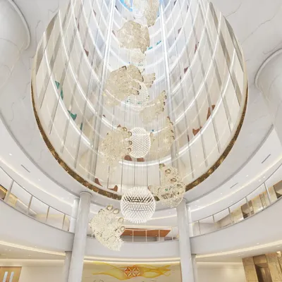 This render of the main atrium at Sant Nirankari Hospital shows how a central, light-filled void can become a primary organizing element. The grand chandelier and open sightlines across floors create an uplifting atmosphere and aid in intuitive wayfinding.