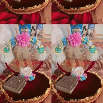 A collage showing one of my new engagement platter designs. This one features a rich red velvet base with beautiful floral details, perfect for holding rings or other ceremonial items.