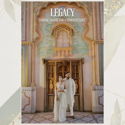 A royal frame for a timeless love. Here, we positioned Manav and Prachi against an intricately designed doorway in Jaipur, using the legacy of the architecture to complement the elegance of their story.
