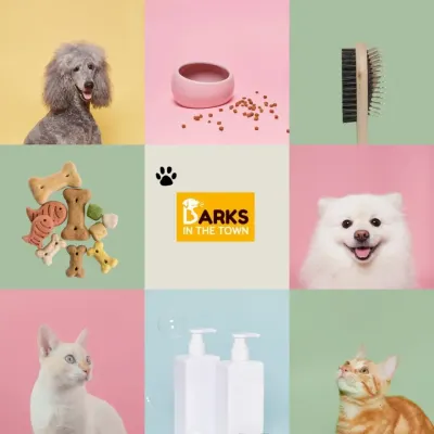 This collage provides a visual summary of what I offer. It features happy pets alongside images of food, treats, grooming tools, and shampoos, representing the complete care available at my store.