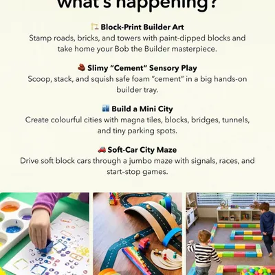 Our "Bob the Builder" themed event is all about construction play. This graphic shows how kids can engage in block-printing, slimy "cement" sensory play, and building a mini city with various materials.