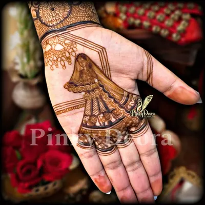 A bride's story, customized in henna. This design, featuring a full-figure bride in a ghoonghat on the palm, is a perfect example of the personalized and intricate work you will learn to create in my bridal masterclass.